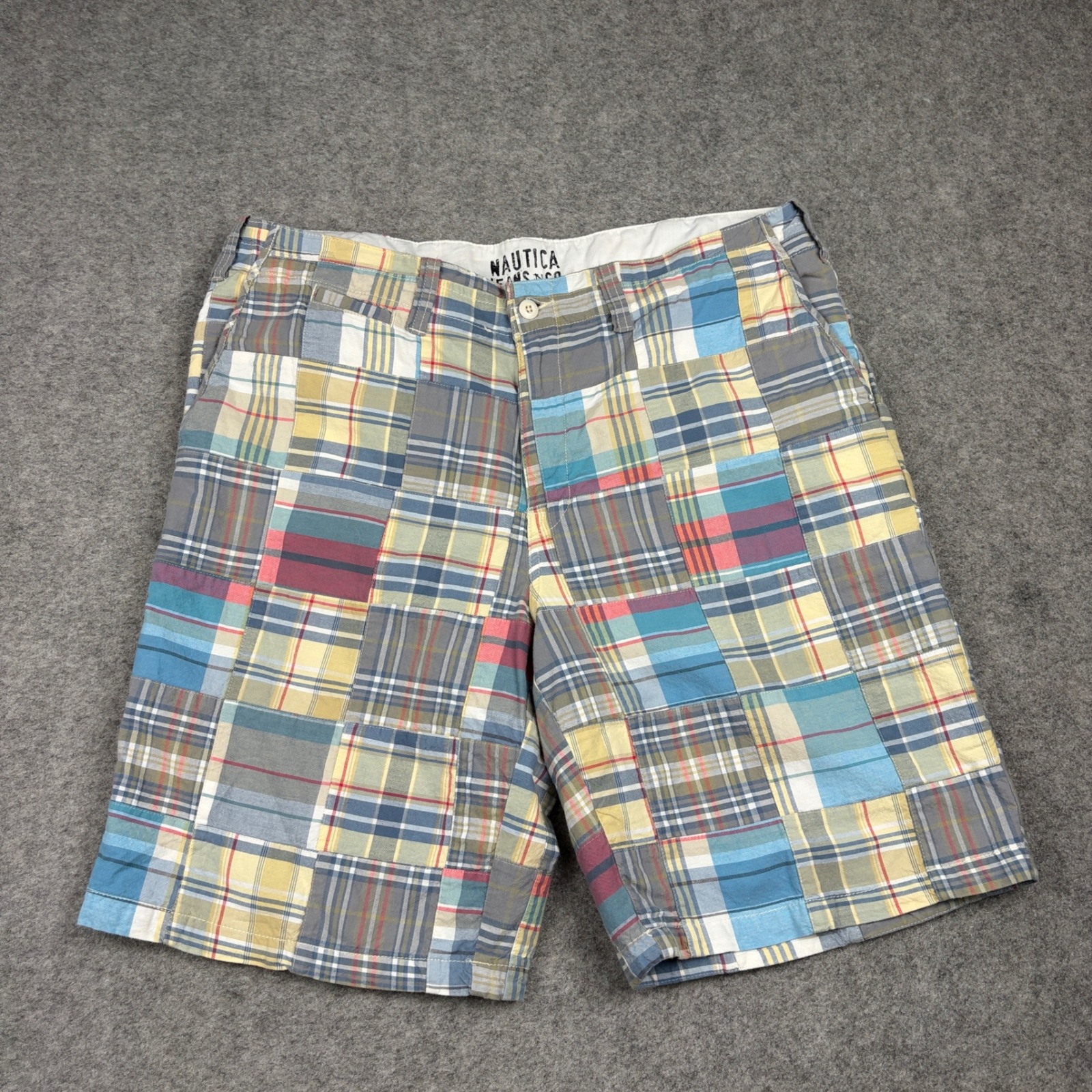 Y2k Nautica Shorts Mens 40 Patchwork Plaid Madras Multicolor Preppy Summer